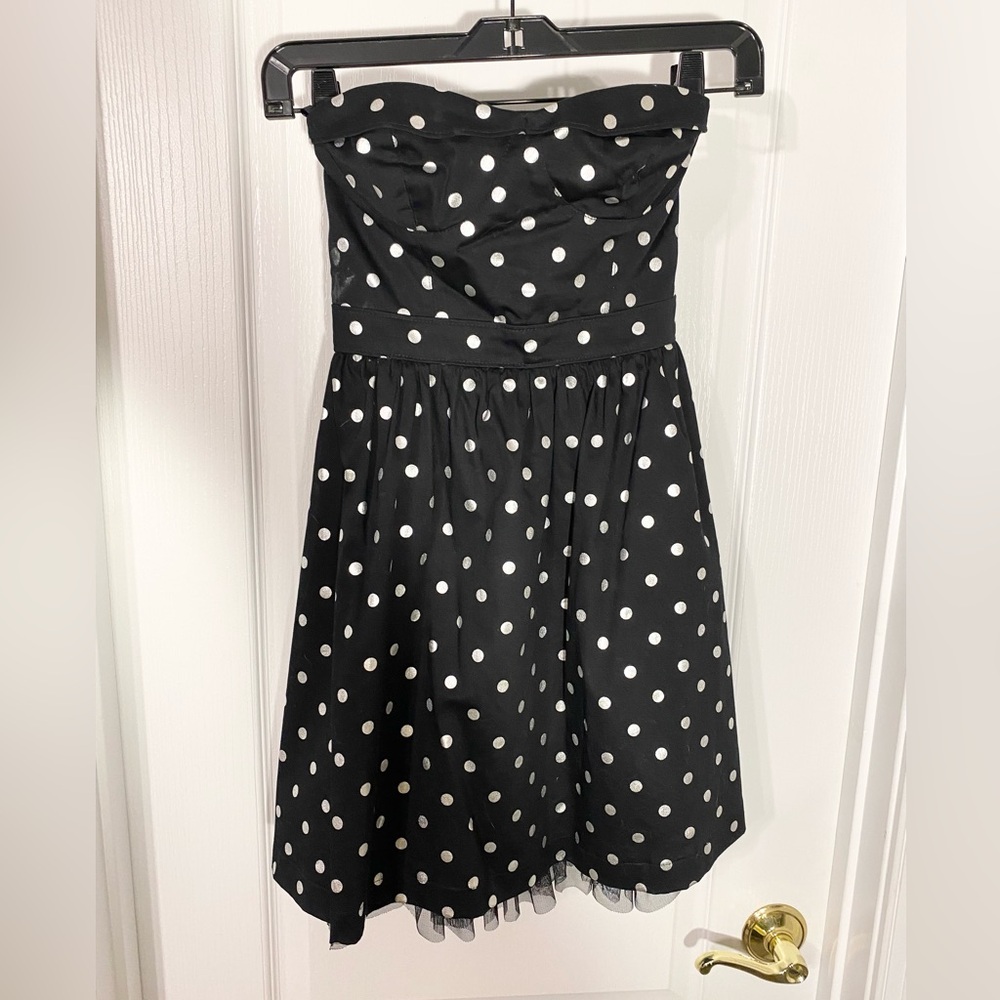 NWT PacSun Polka Dot Strapless Bustier Mini Dress Tulle Underlay Black Silver XS
